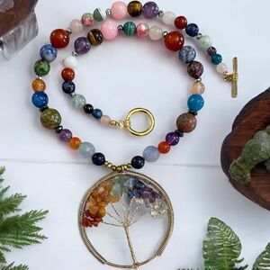 One of a Kind Genuine Gemstone Beads Tree of Life Chakra Pendant and Necklace